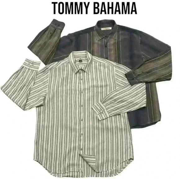 Lot Of 2 Tommy Bahama Mens Long Sleeve Tencel Shirt Striped Button Preppy READ - Picture 1 of 16